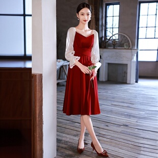 敬酒服新娘秋冬小个子回门结婚中长款订婚连衣裙礼服长袖晚礼服女