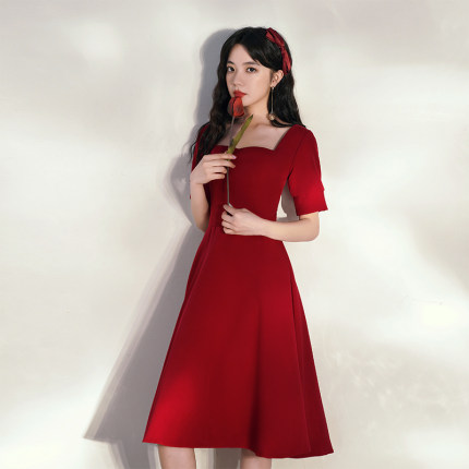 结婚敬酒服新娘2025新款小个子简约短袖中长款红色礼服裙女夏季