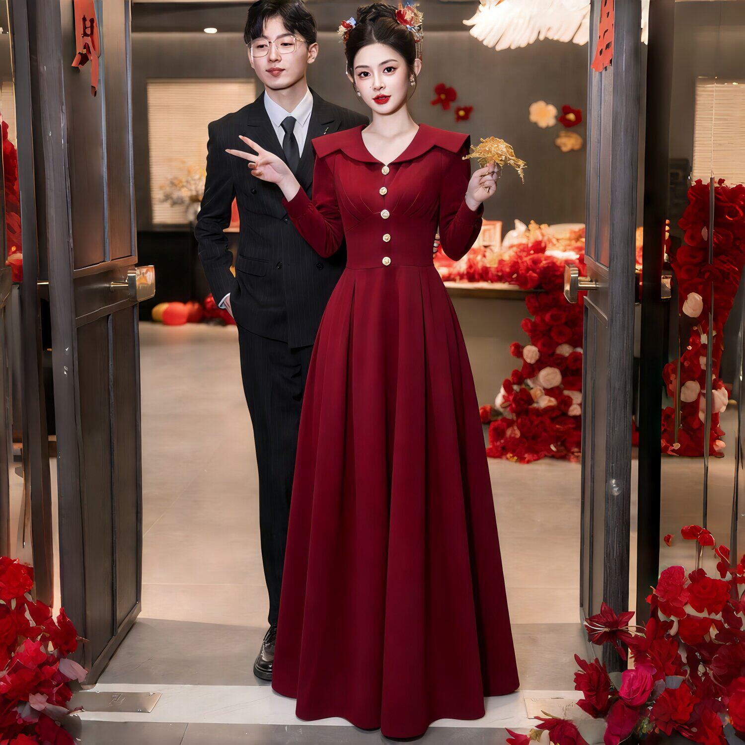 敬酒服新娘红色高级感订婚连衣裙小个子新款绝美回门结婚礼服长裙