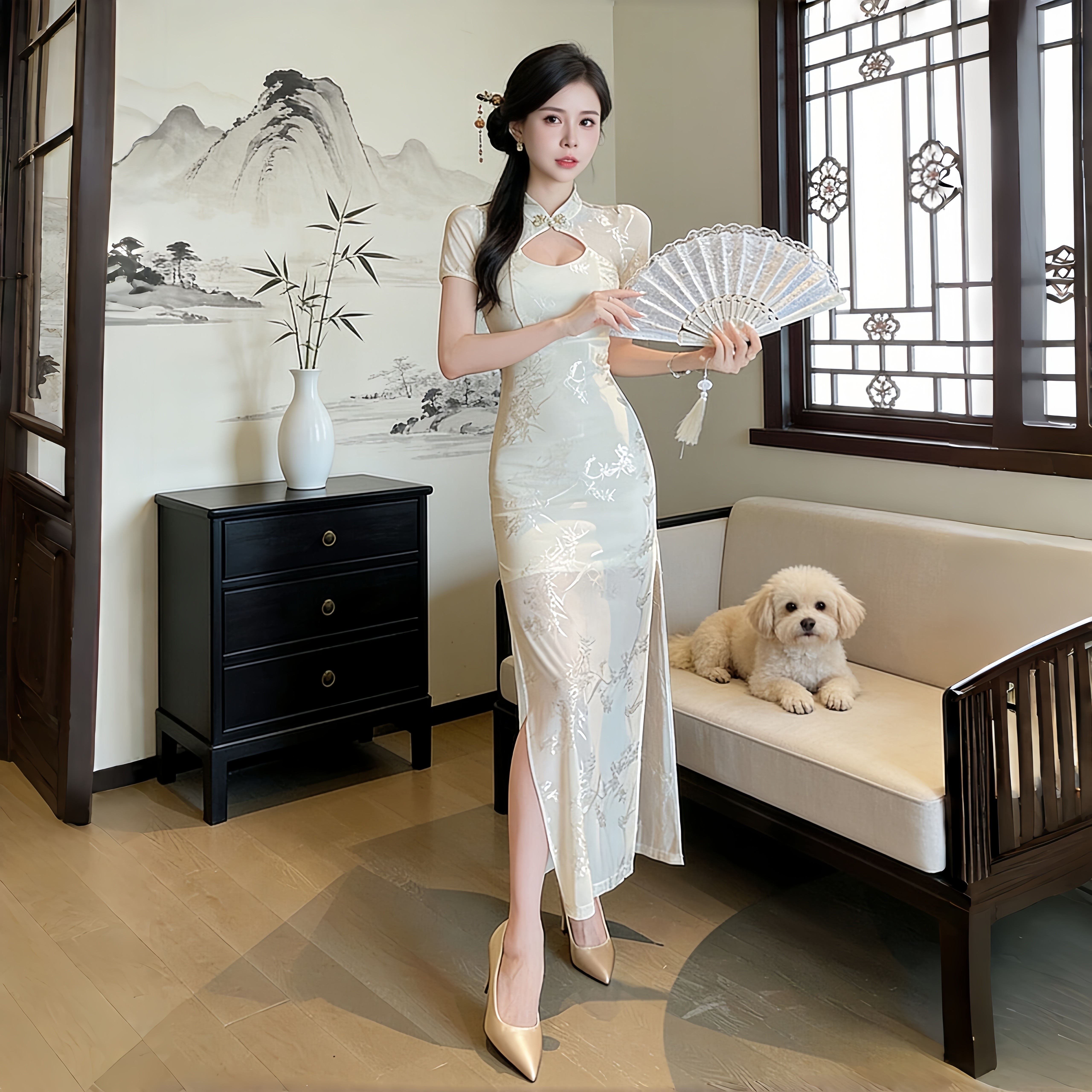 新中式旗袍镂空低胸短袖连衣裙纯欲性感收腰包臀开叉小个子长裙女,女装/女士精品,连衣裙,淘宝优惠券,粉丝福利购,淘宝优惠卷