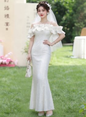 法式一字肩亮片鱼尾轻婚纱超仙