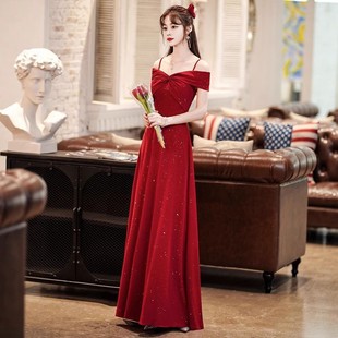 连衣裙日常可穿 回门便装 敬酒服新娘夏季 一字肩订婚结婚礼服裙长款