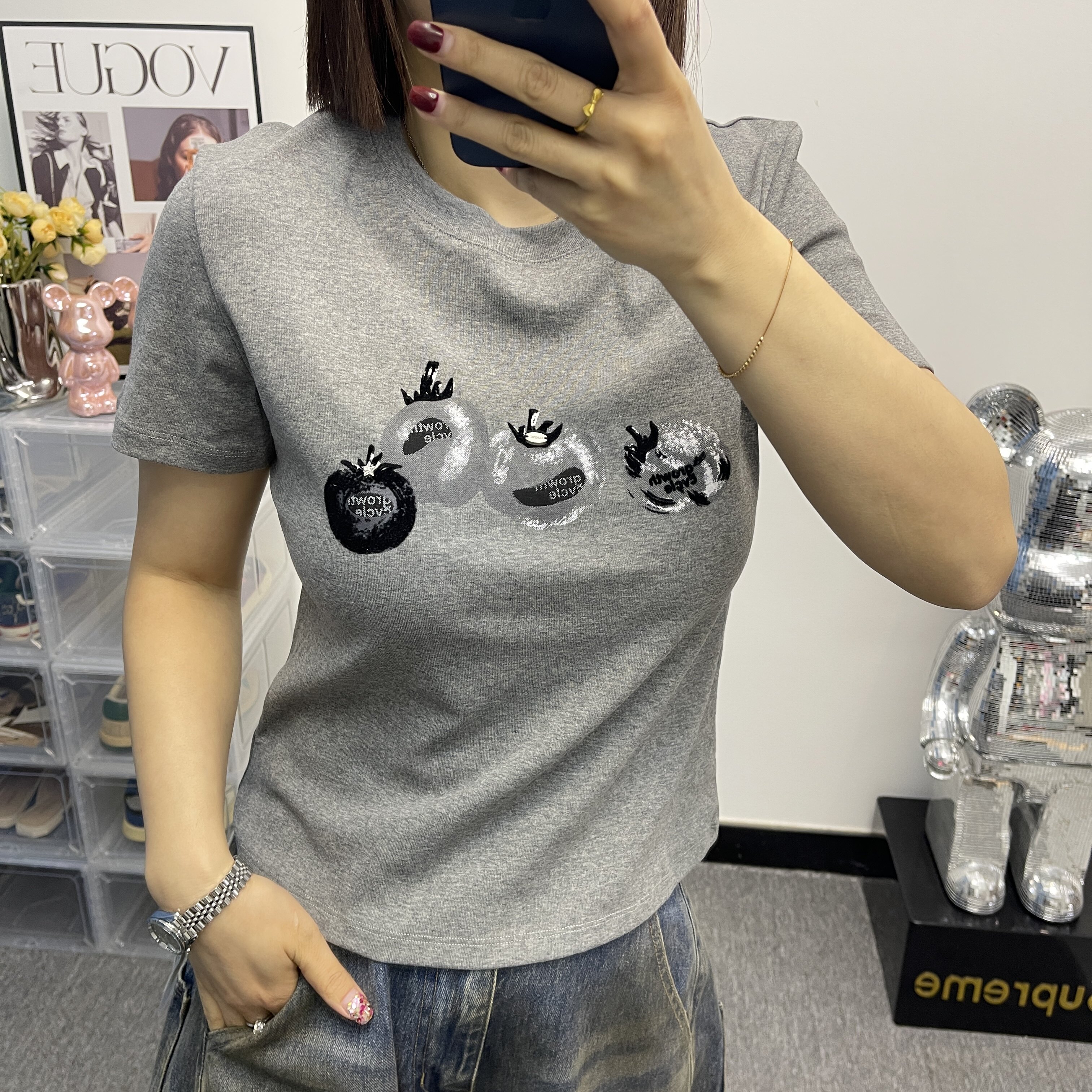 2026新款时尚简约韩版樱桃印花T恤纯棉质感校园风短袖小个子减龄