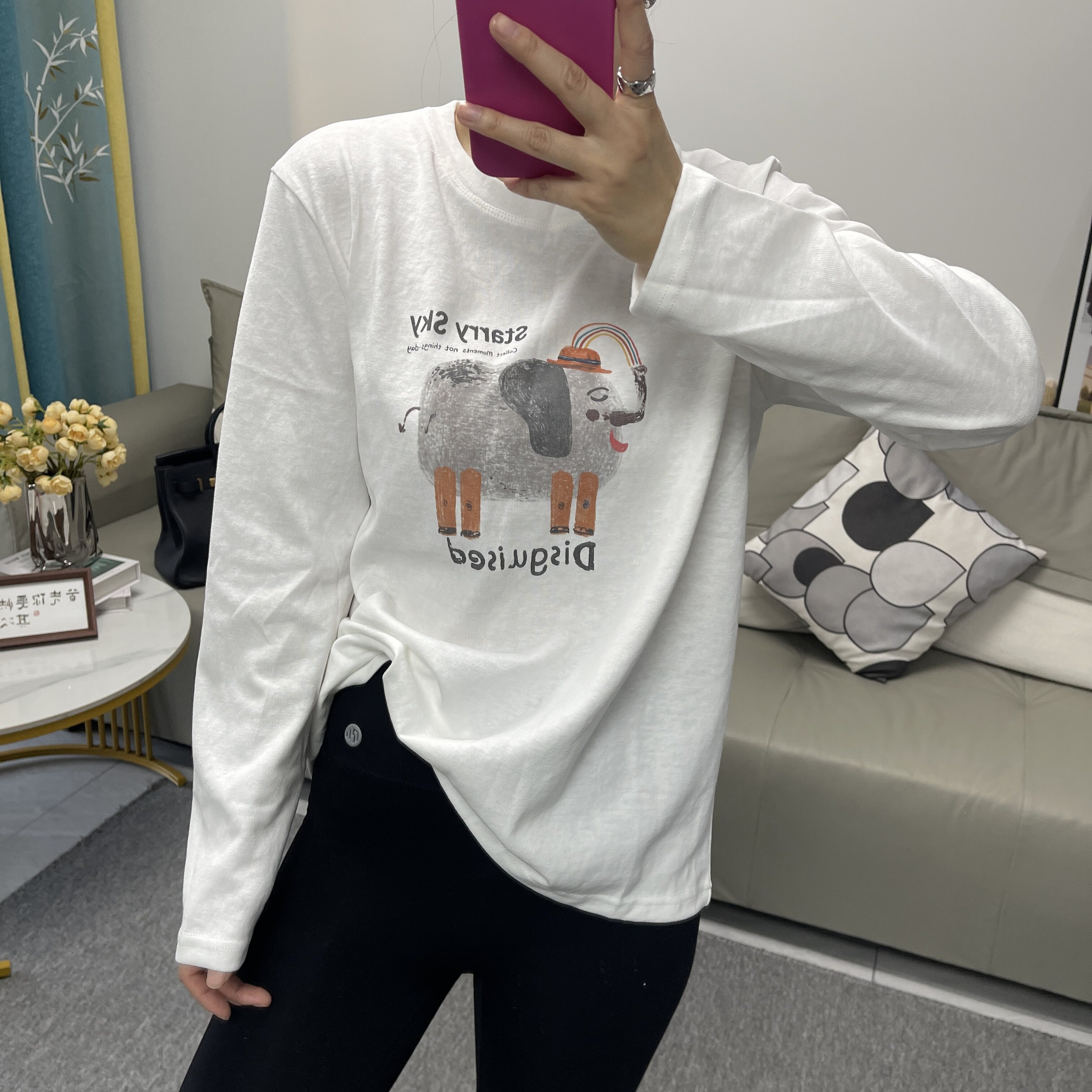 韩版极简大象印花长袖宽松T恤女
