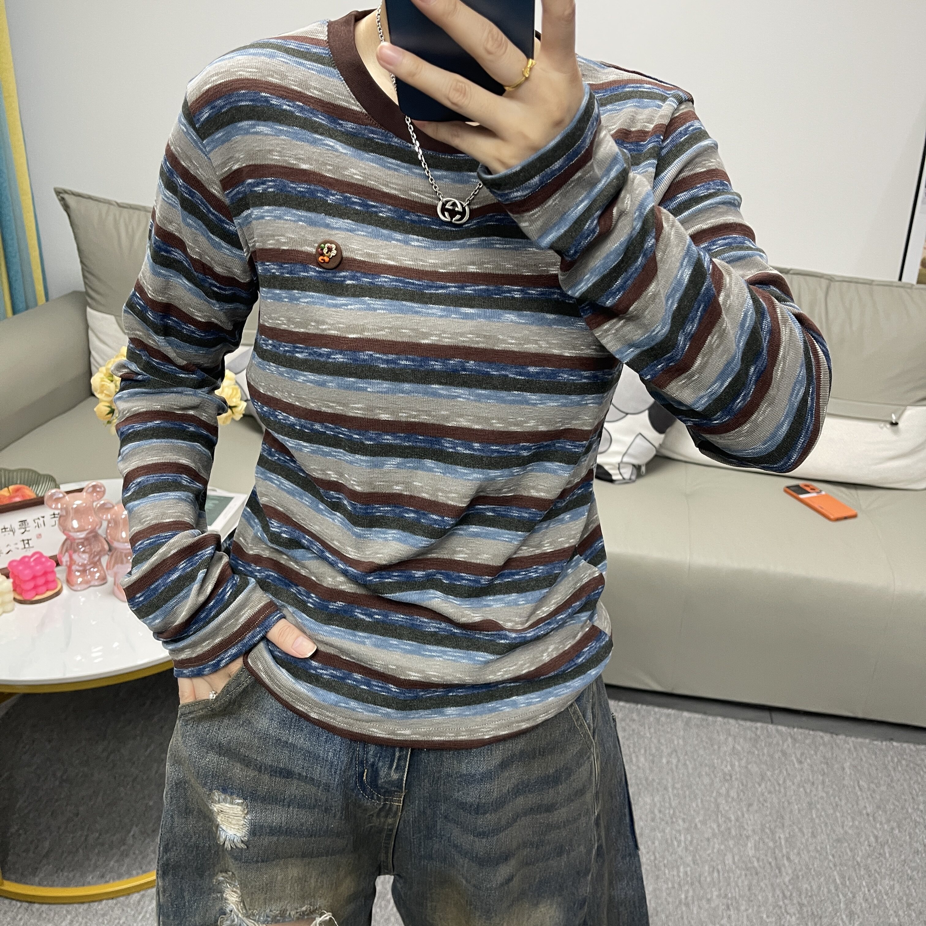 欧洲站复古撞色条纹长袖T恤百搭