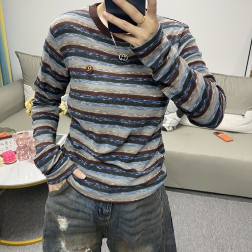 欧洲站复古撞色条纹长袖T恤百搭