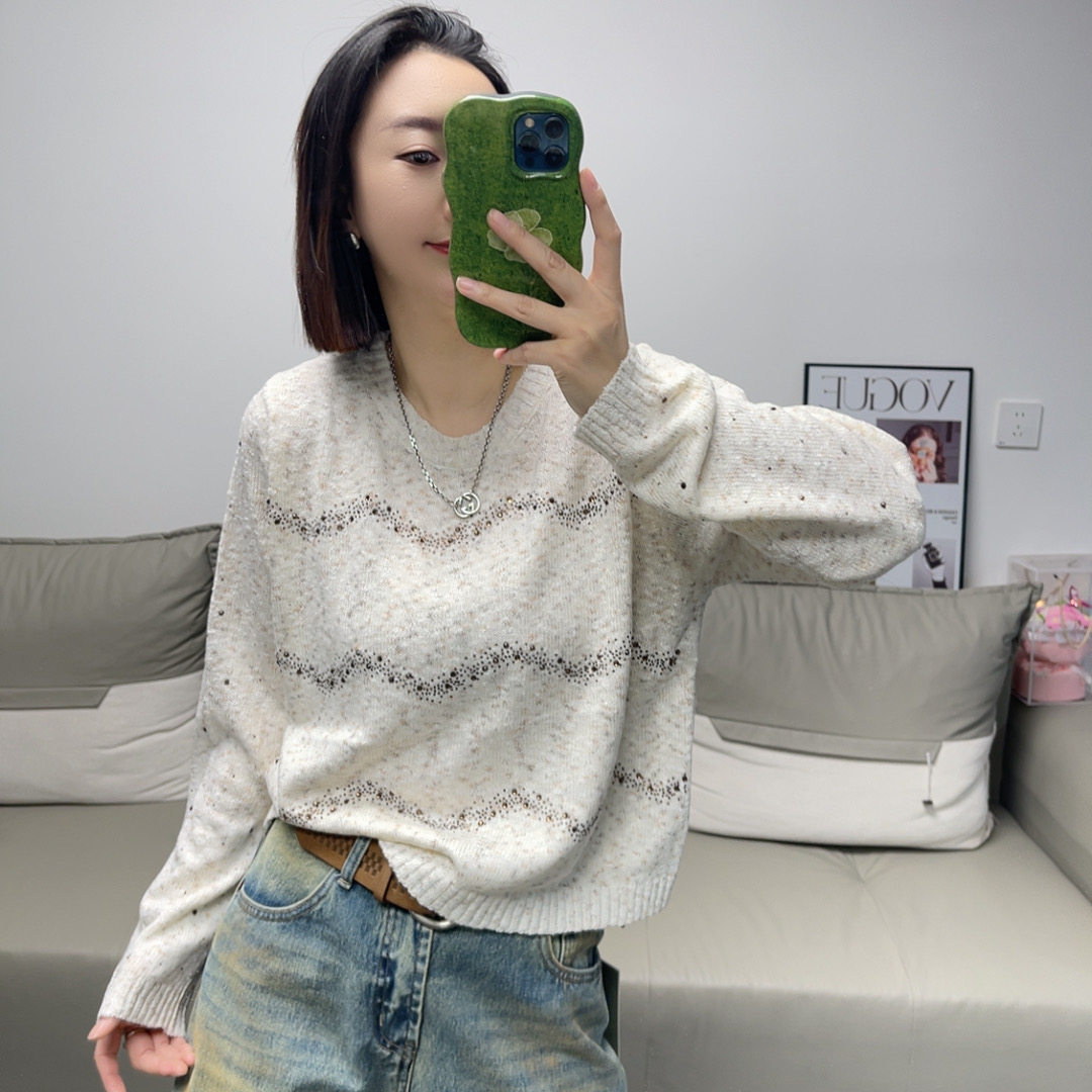 韩版极简波浪纹烫钻针织毛衣女