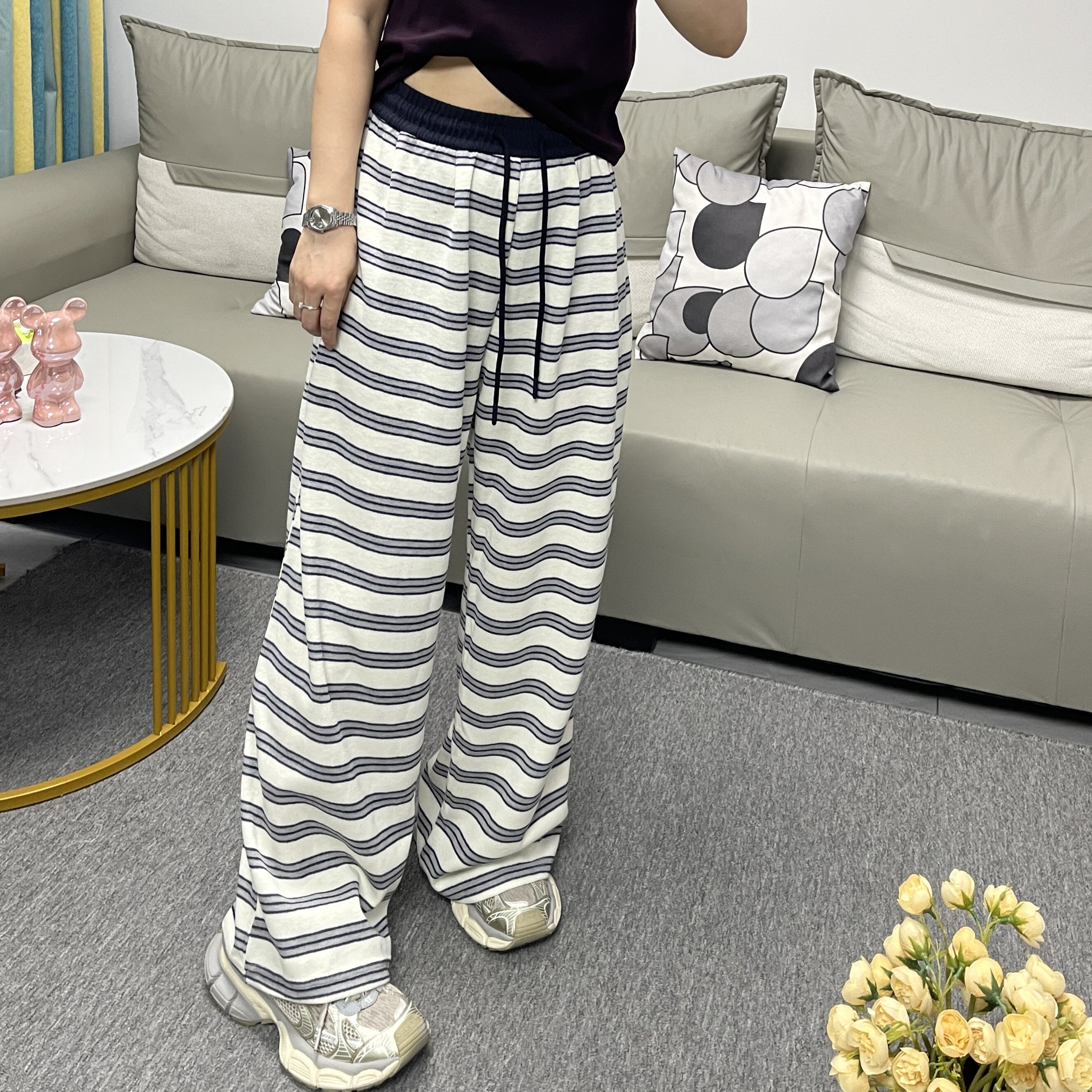 欧洲站条纹高腰显瘦阔腿裤百搭女