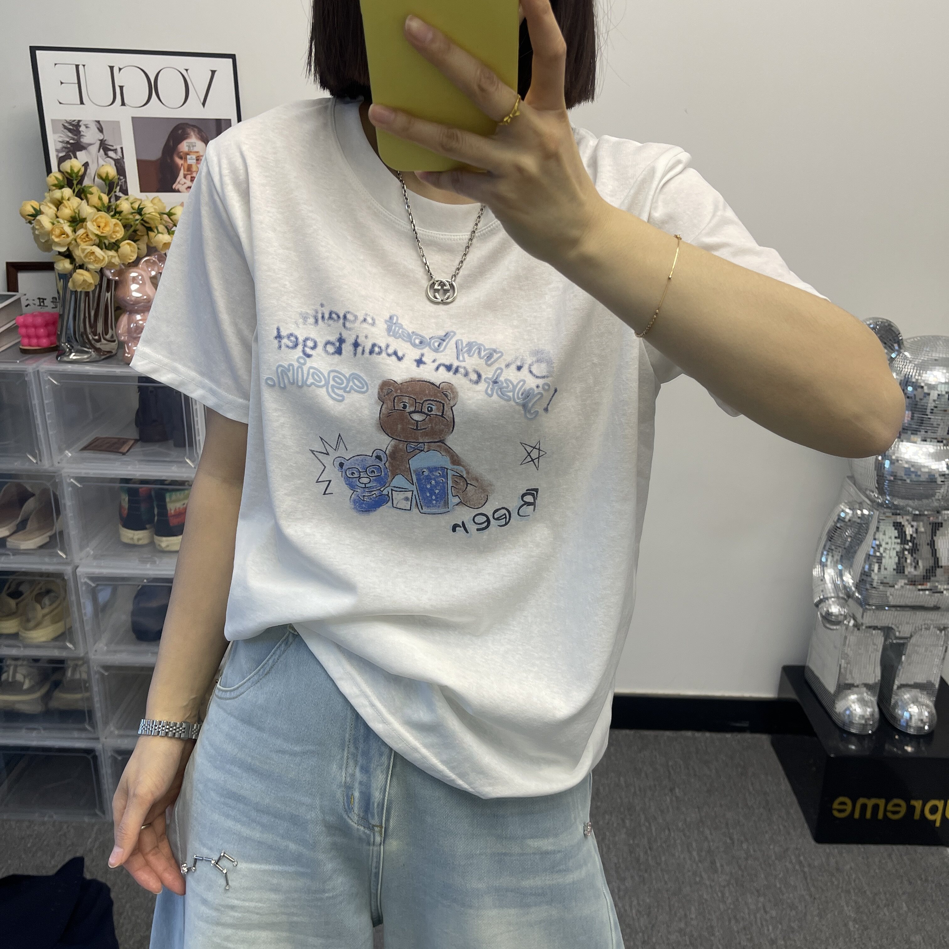 韩式小众雪花棉卡通小熊印花T恤女白色圆领宽松减龄休闲短袖上衣