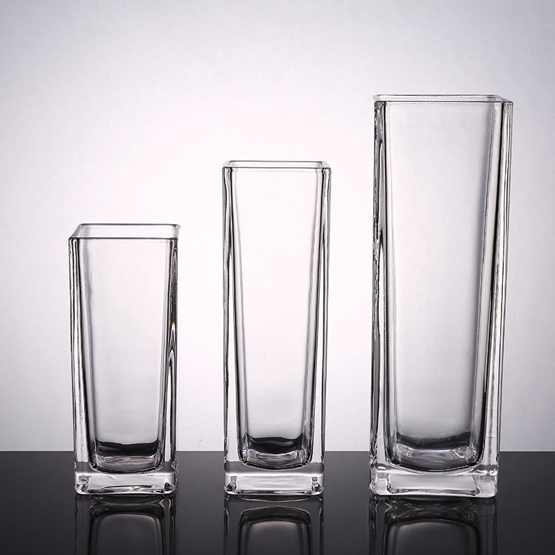 简约水晶玻璃大号透明方形花器百合富贵竹仿真花插花四方花瓶摆件