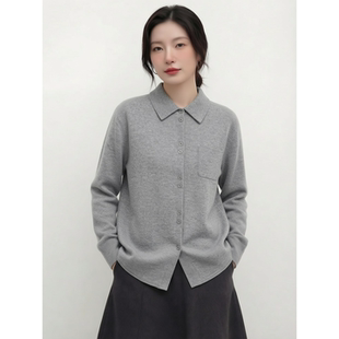 显瘦气质老钱风衬衫 春季 女灰色修身 通勤风翻领针织开衫 上衣 新款