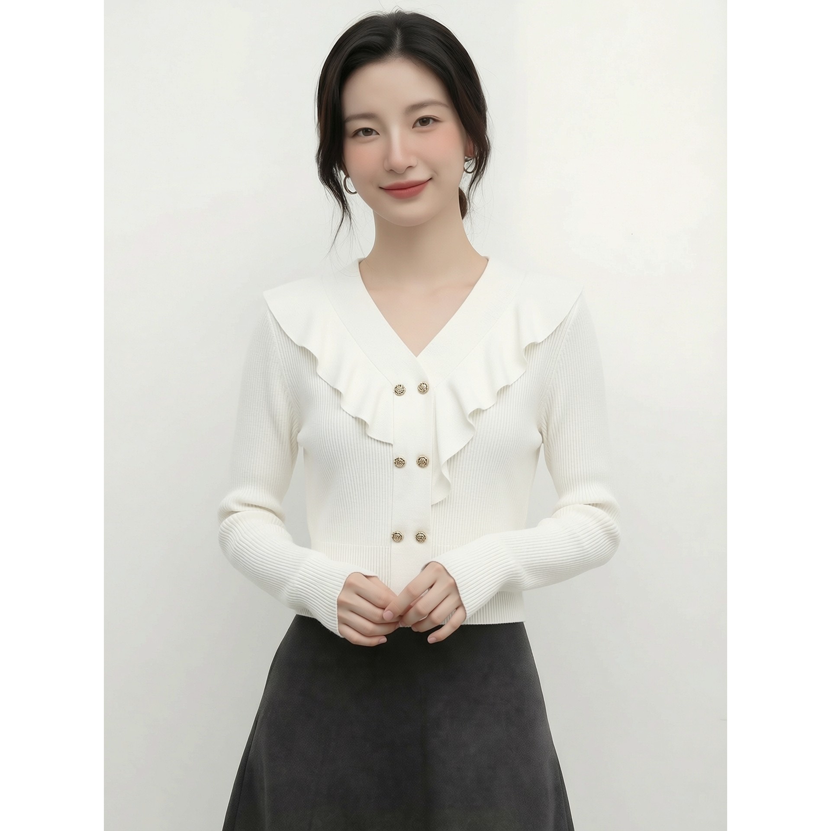 气质慵懒小香风荷叶边V领针织衫女白色修身长袖上衣小个子穿搭