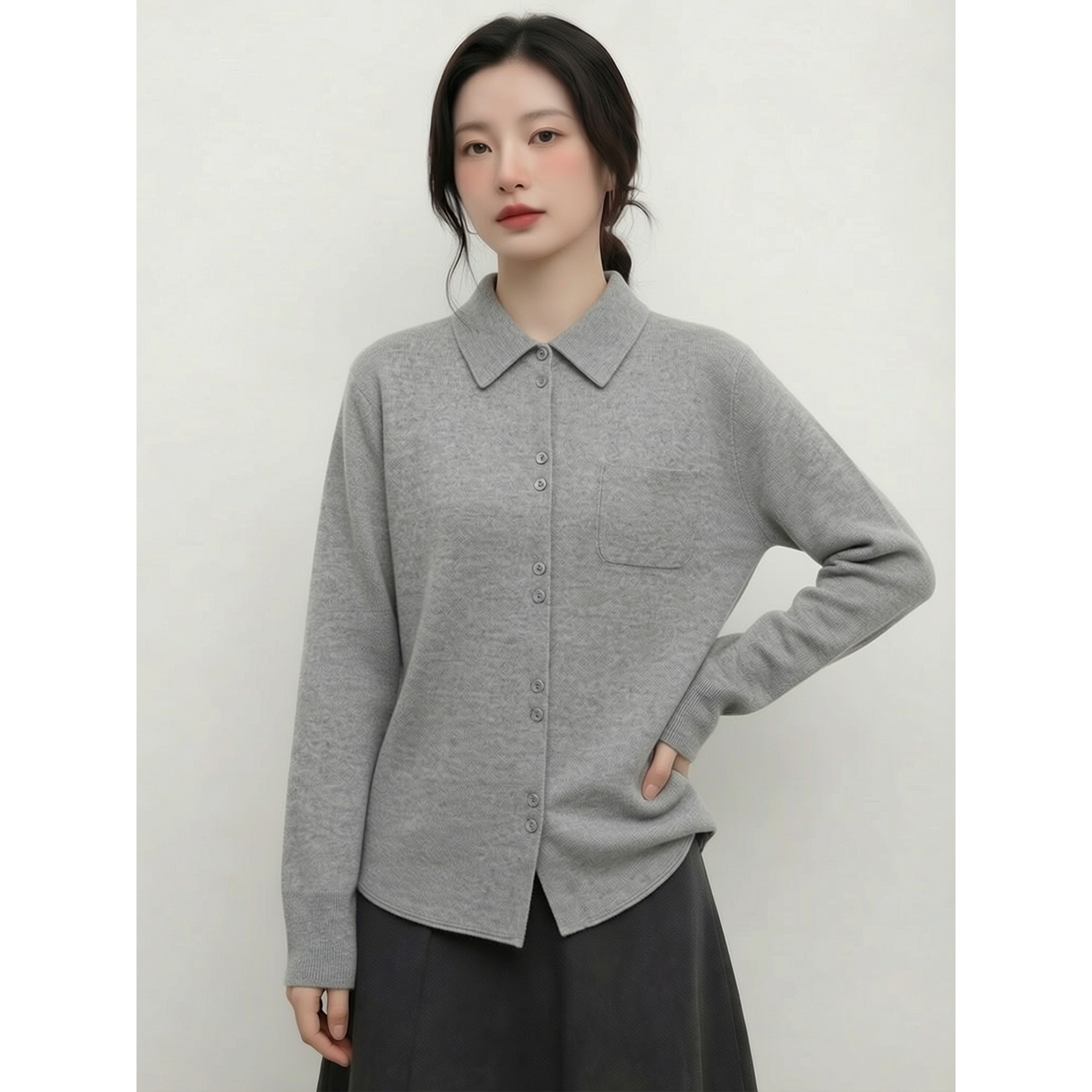 2026年新款韩版修身翻领针织开衫女长袖通勤风灰色上衣设计感洋气,女装/女士精品,毛针织衫,淘宝优惠券,粉丝福利购,淘宝优惠卷