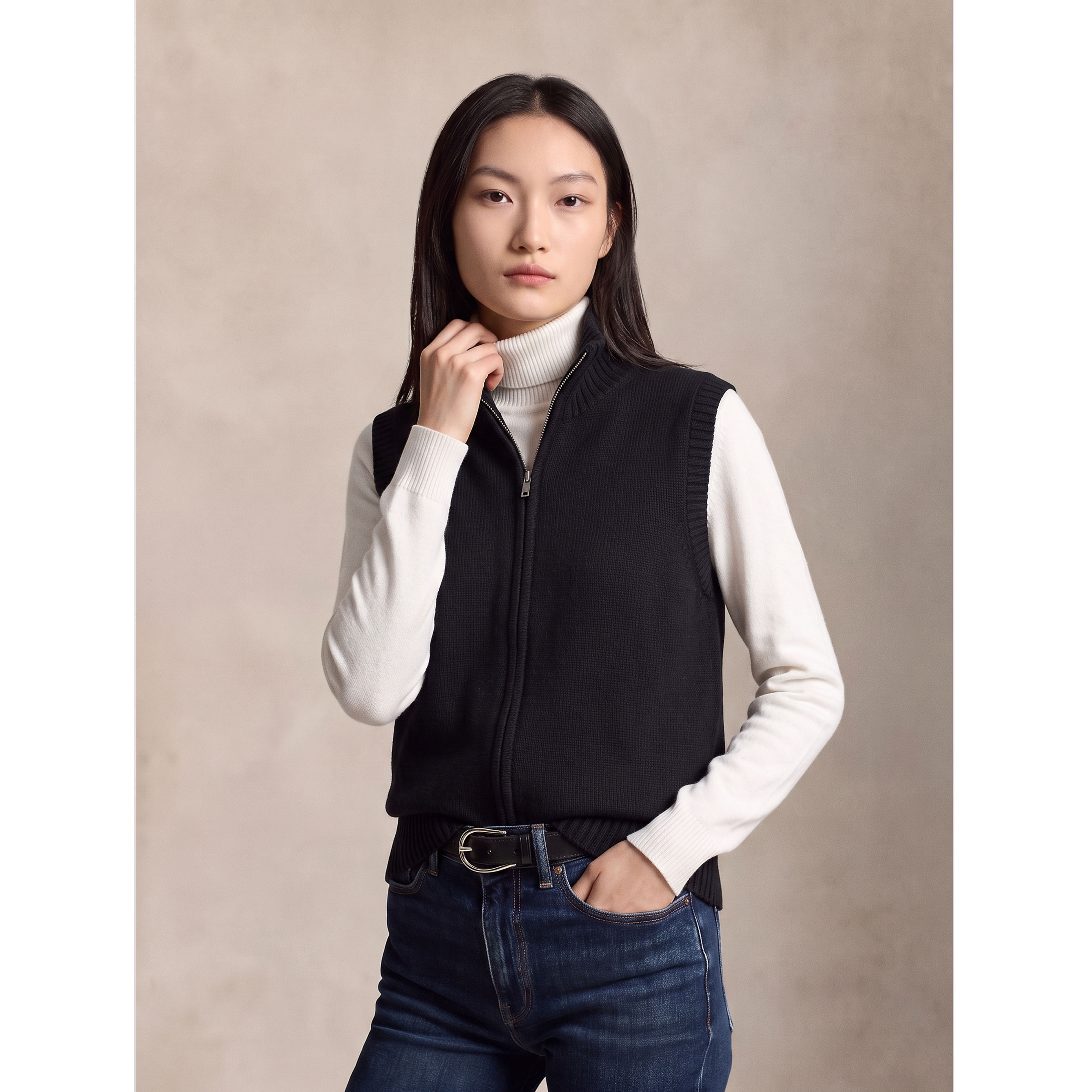100%纯棉丨高领拉链针织马甲女2026年秋季百搭通勤风无袖叠穿背心