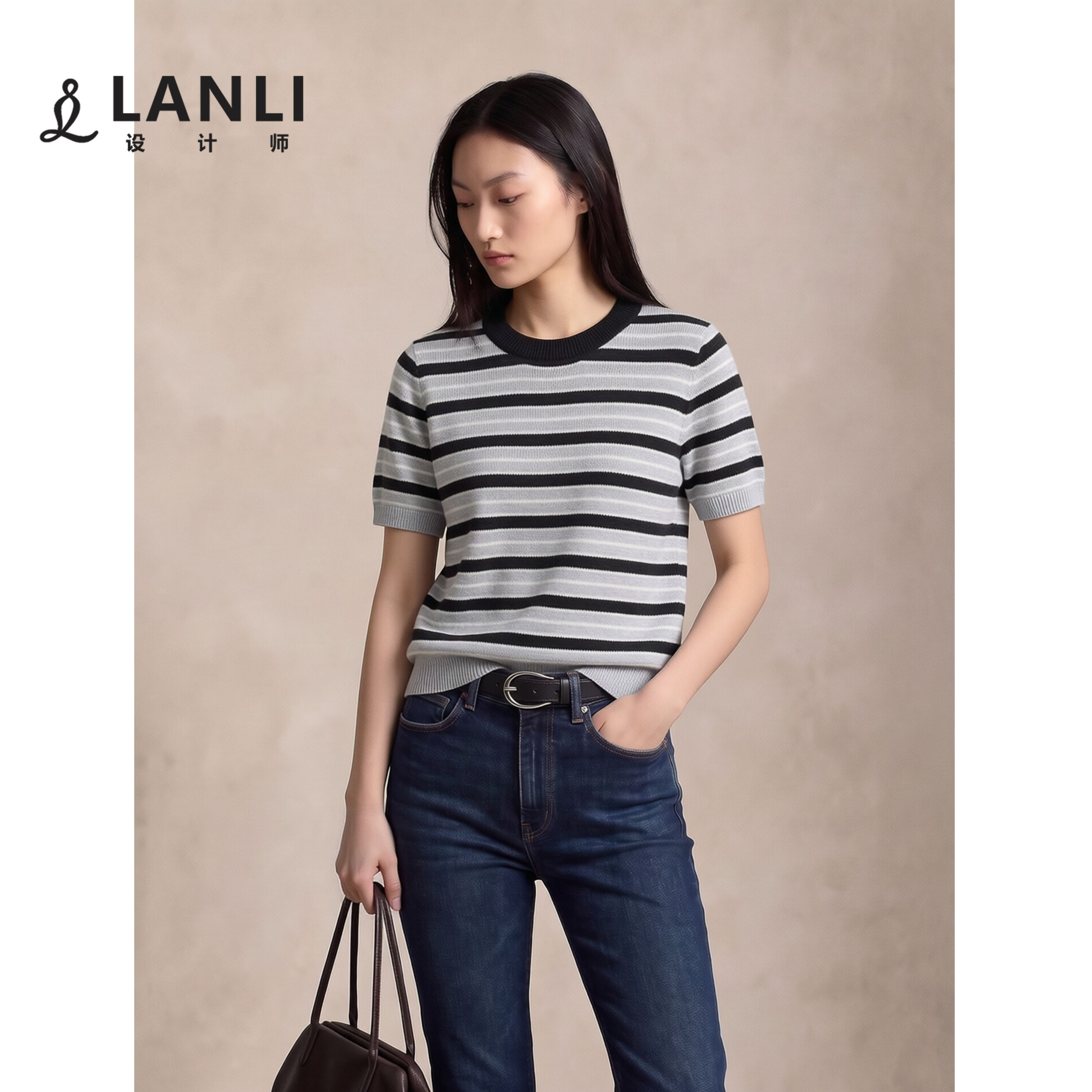 LANLI女装 新疆精梳棉丨简约风条纹针织衫短袖圆领薄款休闲上衣