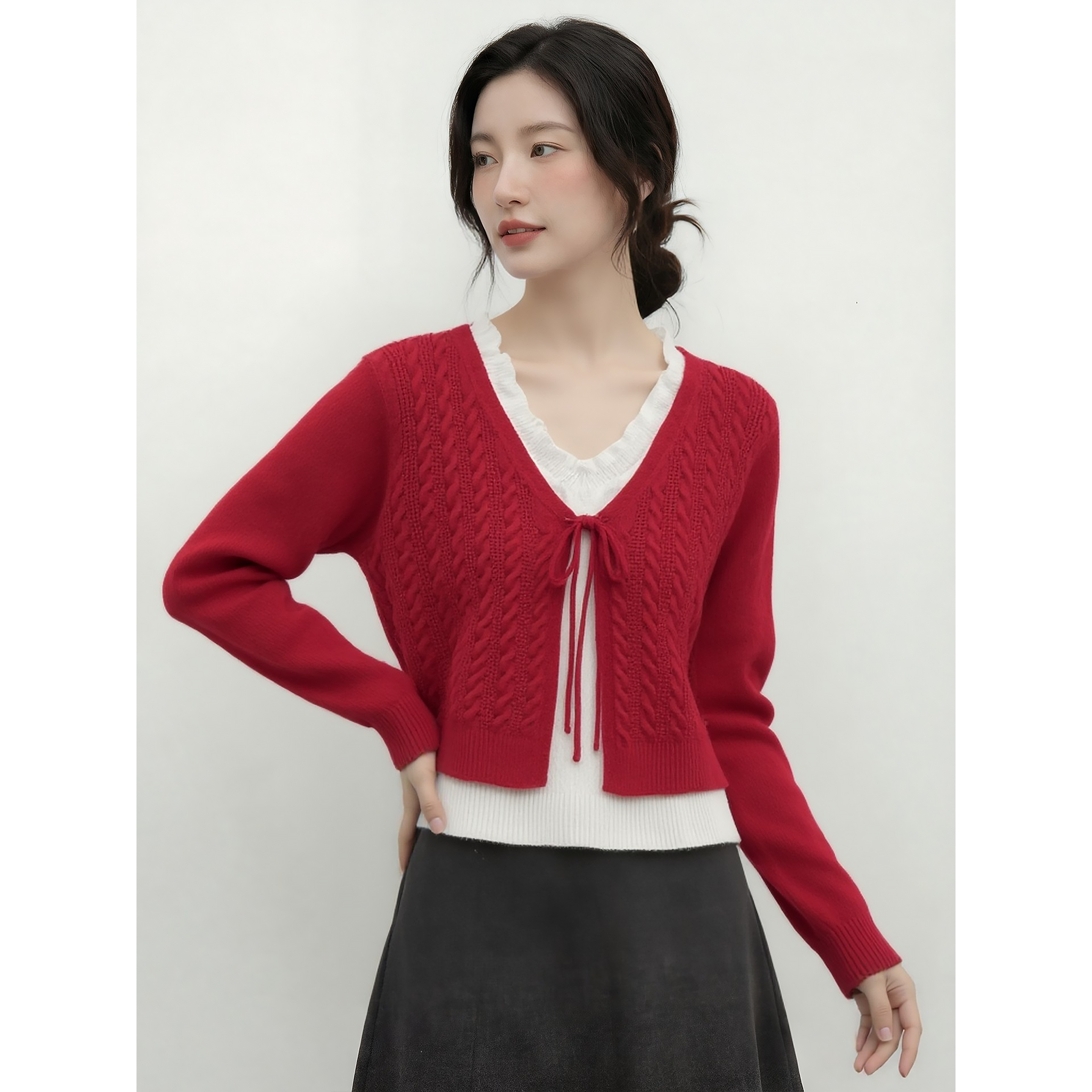 气质氛围感假两件V领系带针织开衫女红色高级感新年宽松毛衣