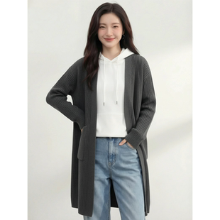 高级感中长款百搭时尚针织开衫女灰色时尚气质慵懒风毛衣外套