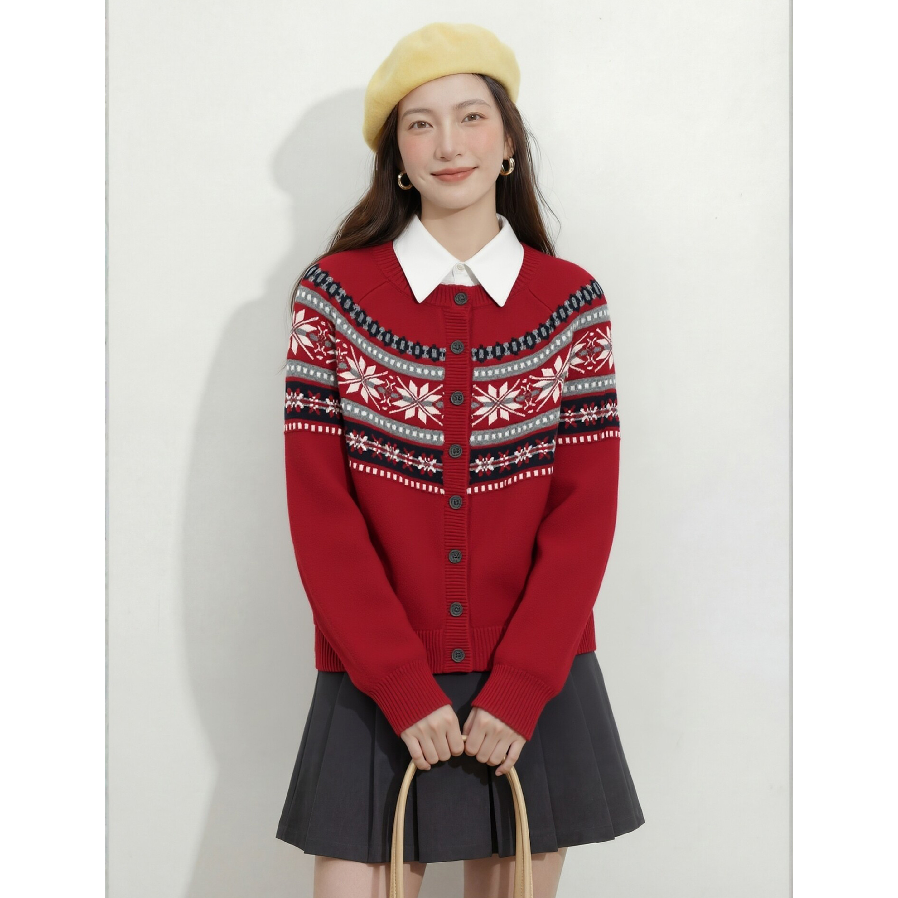 2026年春季新款复古费尔岛提花针织衫女红色圆领开衫外搭毛衣上衣