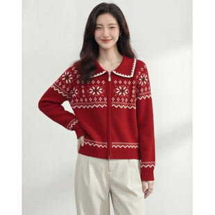 [复古雅奢感]费尔岛风红色拉链开衫女翻领针织衫时髦减龄毛衣外套