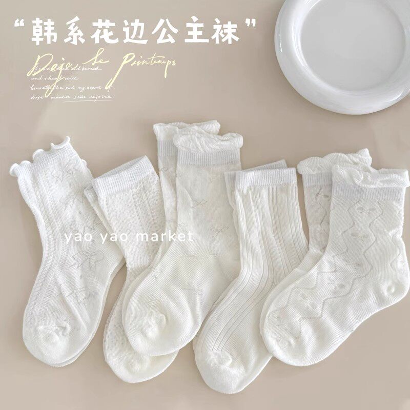 女童袜子夏季薄款白色袜洛丽塔棉袜轻薄透气白色公主风花边儿童袜