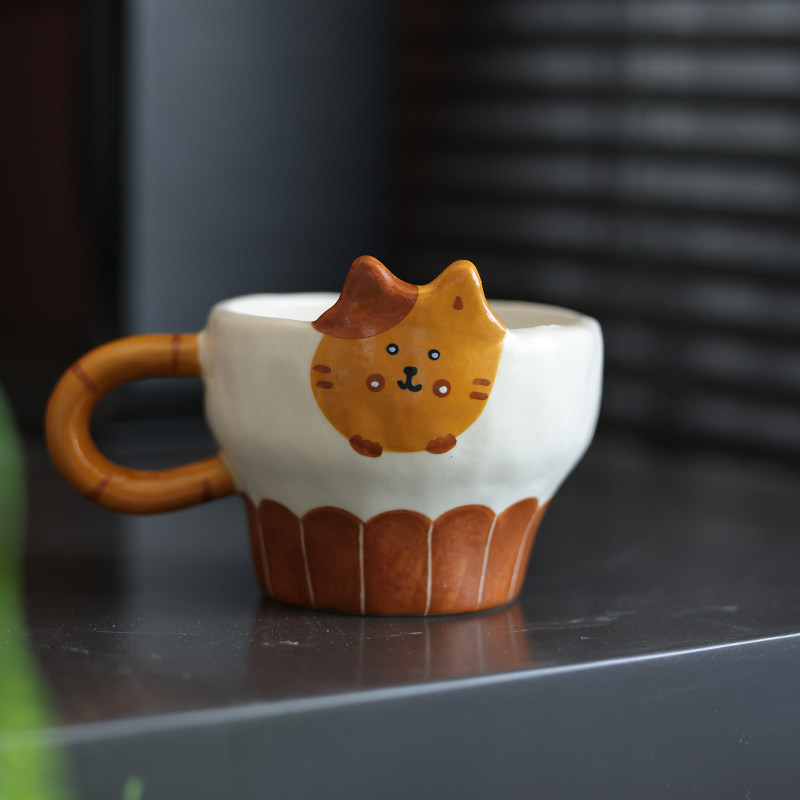 陶瓷杯手绘釉下彩景德镇立体卡通猫咪手握杯陶瓷马克杯牛奶杯送礼