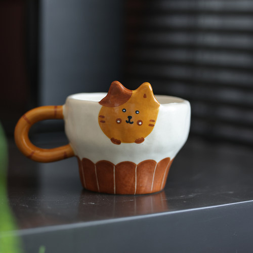 陶瓷杯手绘釉下彩景德镇立体卡通猫咪手握杯陶瓷马克杯牛奶杯送礼