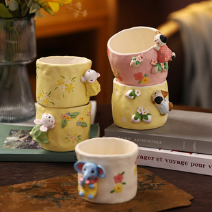 高温釉下彩景德镇陶瓷水杯马克杯可爱立体卡通小动物