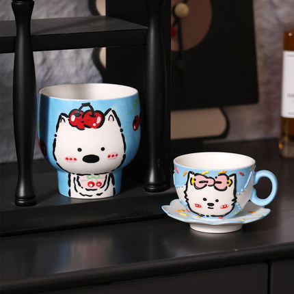 景德镇手绘陶瓷马克杯西高地卡通可爱猫咪水杯手握杯牛奶咖啡杯