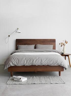 北美黑胡桃木大床主卧实木床简约现代1米5原木床樱桃木北欧风