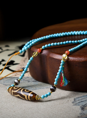 手工编织菱镁矿松石搭配三眼天珠文玩毛衣链 新中式项链 一件代发