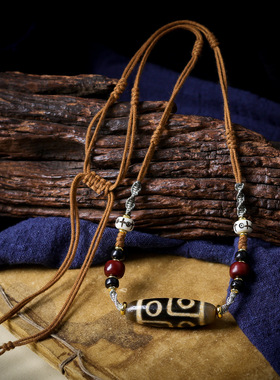 藏饰牙黄六眼天珠手工编织文玩项链民族风骨头鹿角毛衣链特色饰品