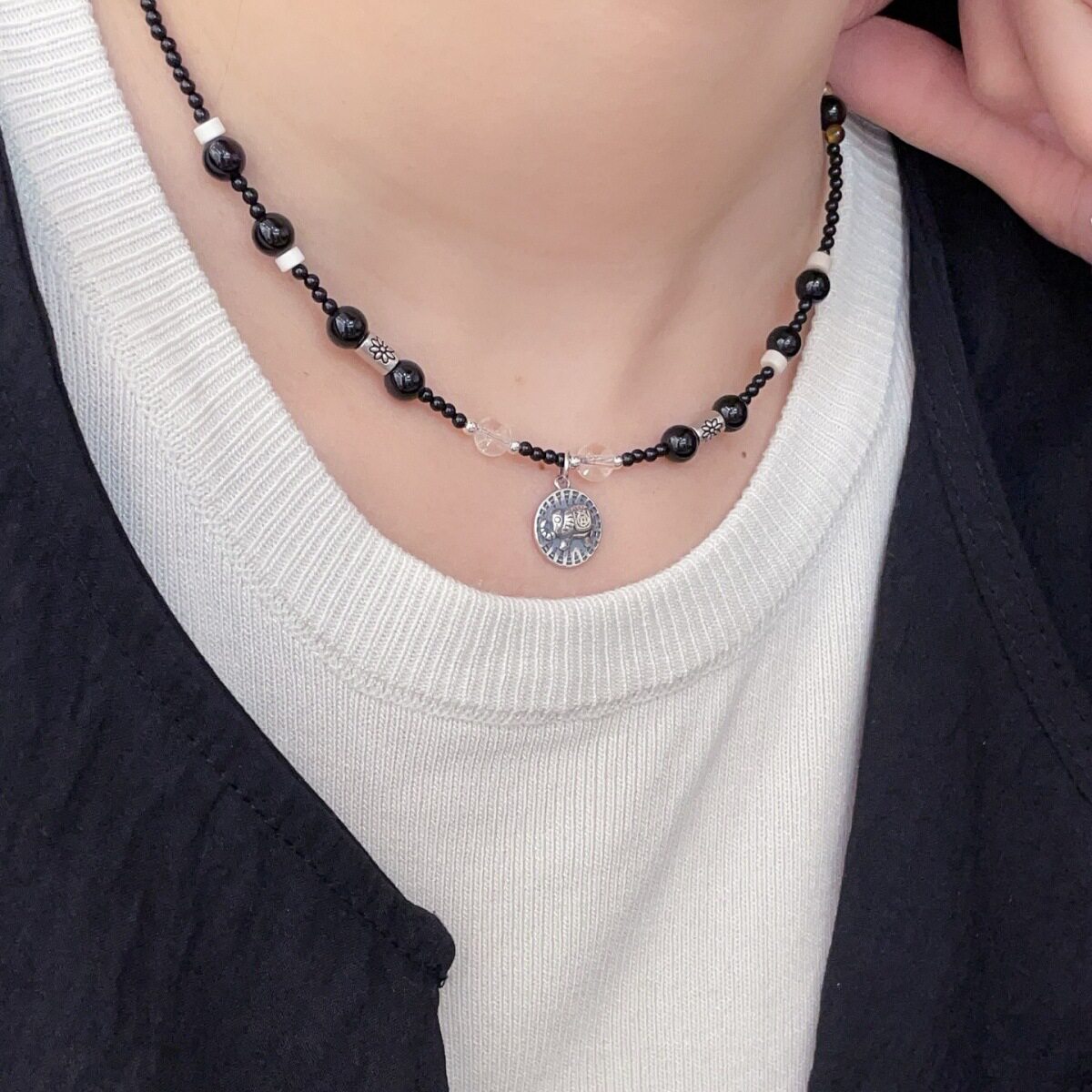 S925银天然黑玛瑙复古做旧小象圆牌项链中式美学吉象如意百搭高级