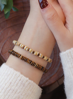 天然A级虎眼石圆片手链贝壳贝母切片时尚简约女生单圈礼物手串