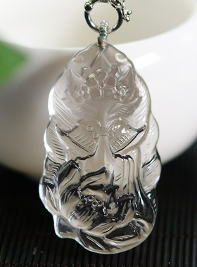 小高货手工雕刻款天然白水晶莲花将军狐九尾狐项链批发送人造晶链