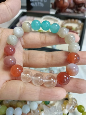 直播天河石灰月光玛瑙白水晶多宝手串10