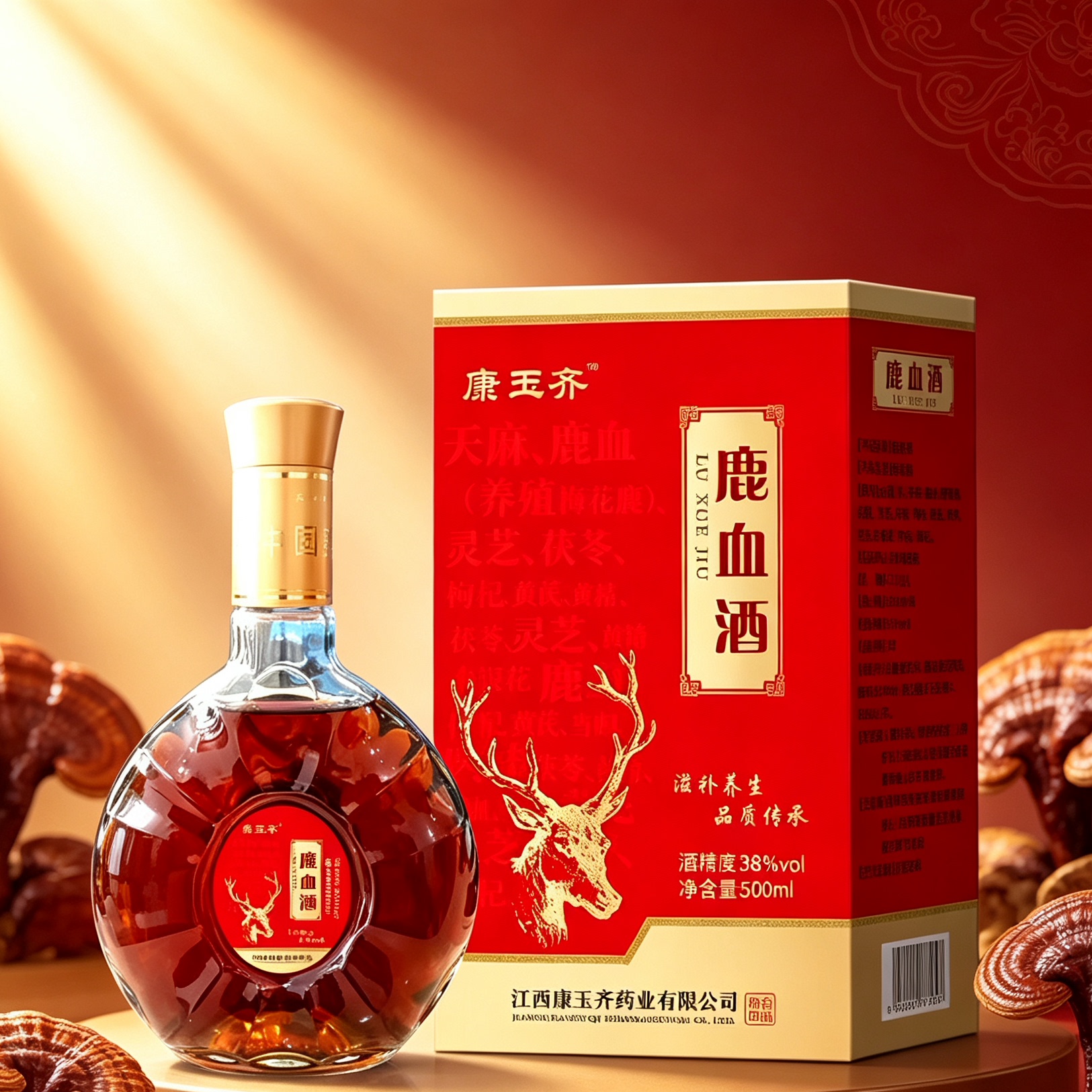 康玉齐鹿血酒38度500ml 养殖梅花鹿鹿血天麻灵芝枸杞配制酒礼盒装
