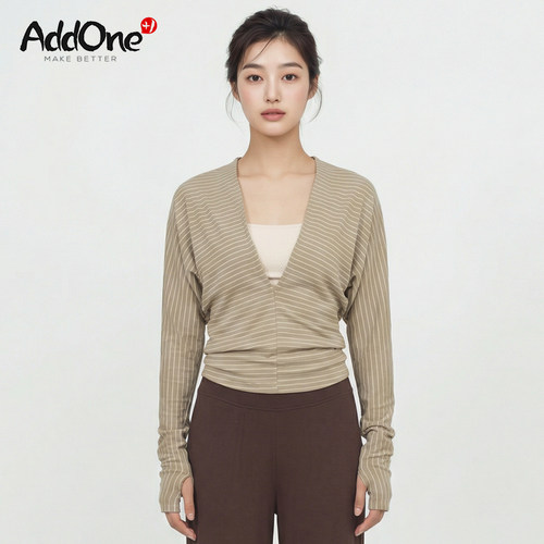 AddOne+1瑜伽休闲大V领条纹针织长袖羊绒混纺