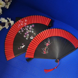 易开合6寸折扇红色中国风复古风女夏折叠扇舞蹈旗袍走秀梅花折扇