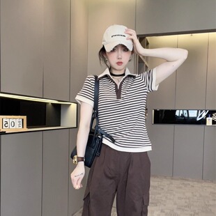 洋气欧货潮时髦上衣潮 欧洲站翻领小衫 撞色条纹短袖 T恤女2025新款