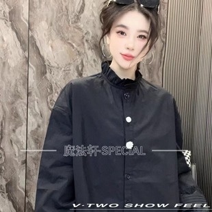 木耳边立领半排扣衬衣高级感上衣Q 裙女2025冬新款 拼蕾丝长袖 衬衫