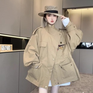 【现货】外套女款秋季纯色大口袋拉链立领长袖风衣2026新款上衣潮
