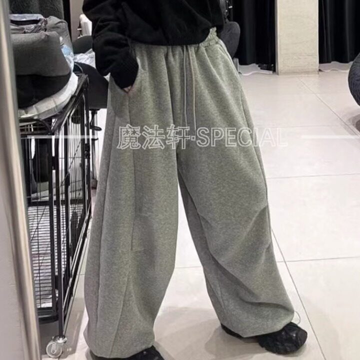灰色秋冬高腰宽松阔腿收脚卫裤女