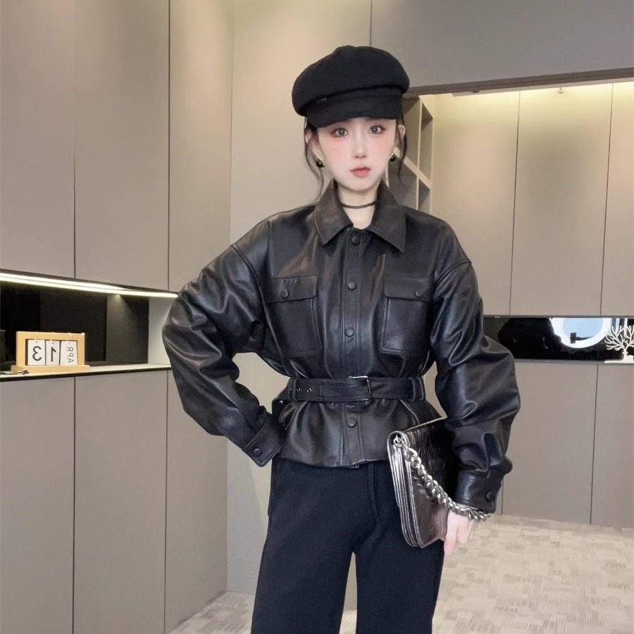 【宋佳同款】皮衣外套女2025新款短款腰带收腰皮夹克欧洲站春秋潮,女装/女士精品,皮衣,淘宝优惠券,粉丝福利购,淘宝优惠卷