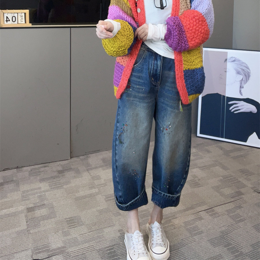 亮钻珠串复古卷边显瘦牛仔裤女