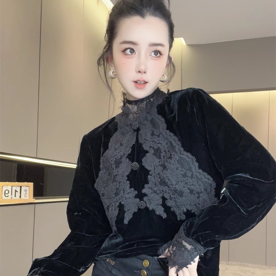 蕾丝拼接丝绒衫女款2025新款