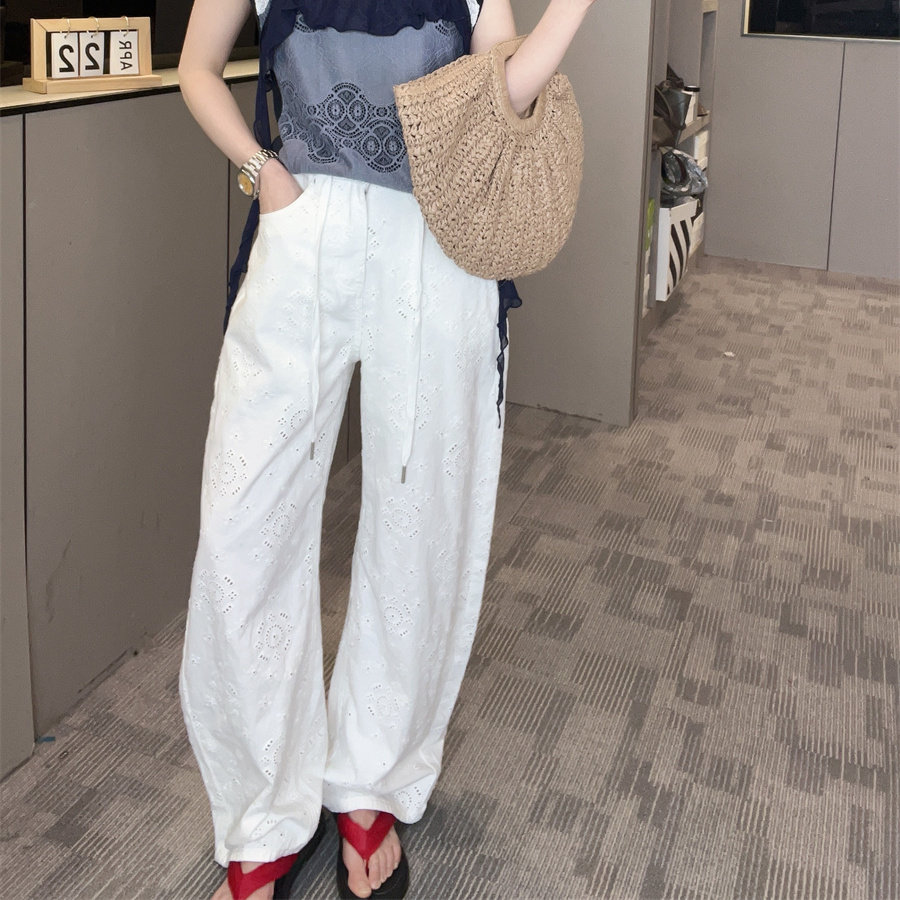 夏季新款高腰镂空阔腿休闲裤女