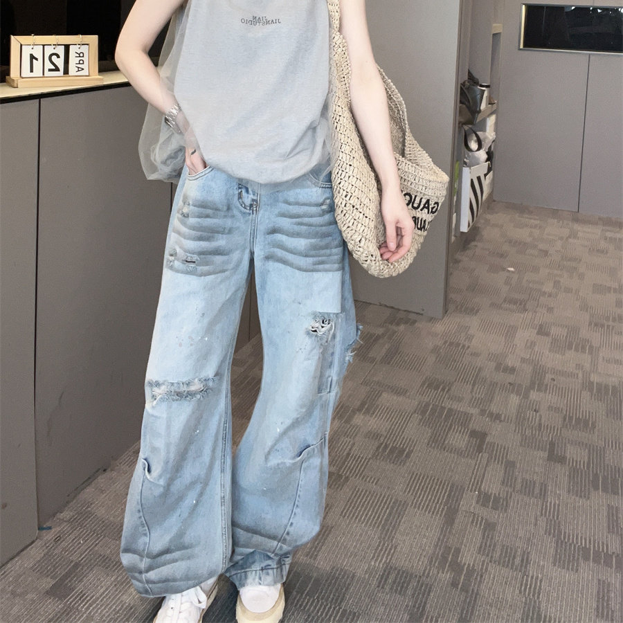 夏季做旧高腰弯刀牛仔裤女