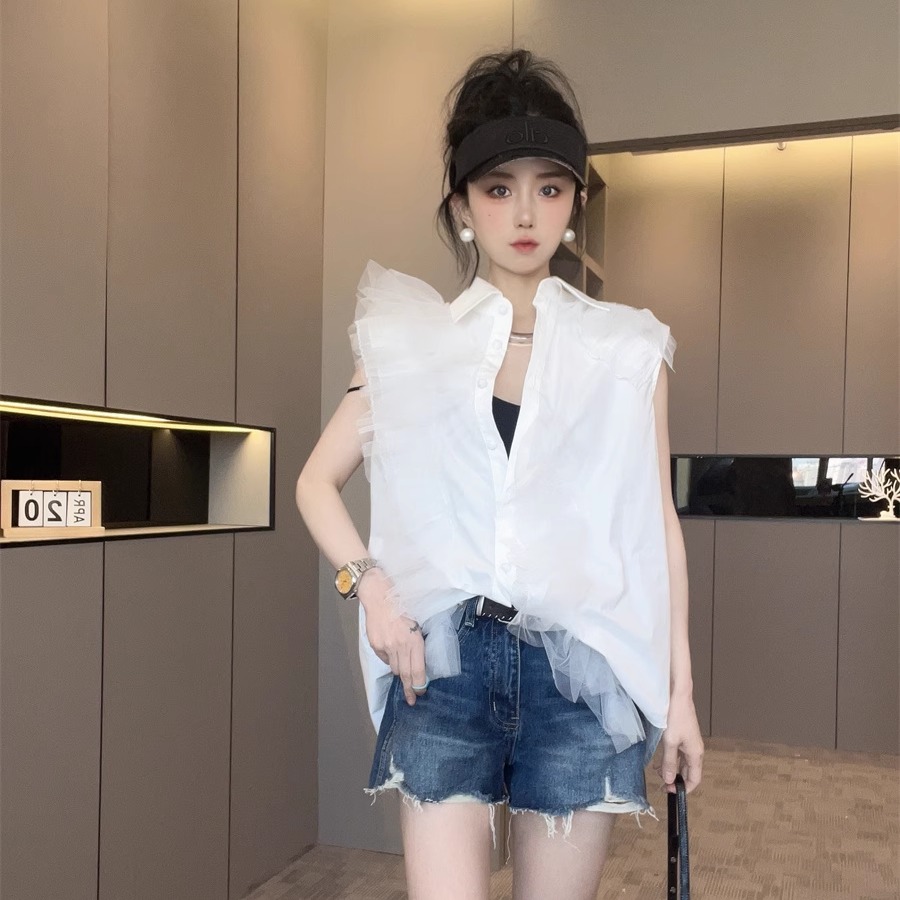 网纱拼接砍袖衬衫女2025新款夏翻领单排扣无袖衬衣高级感上衣欧货