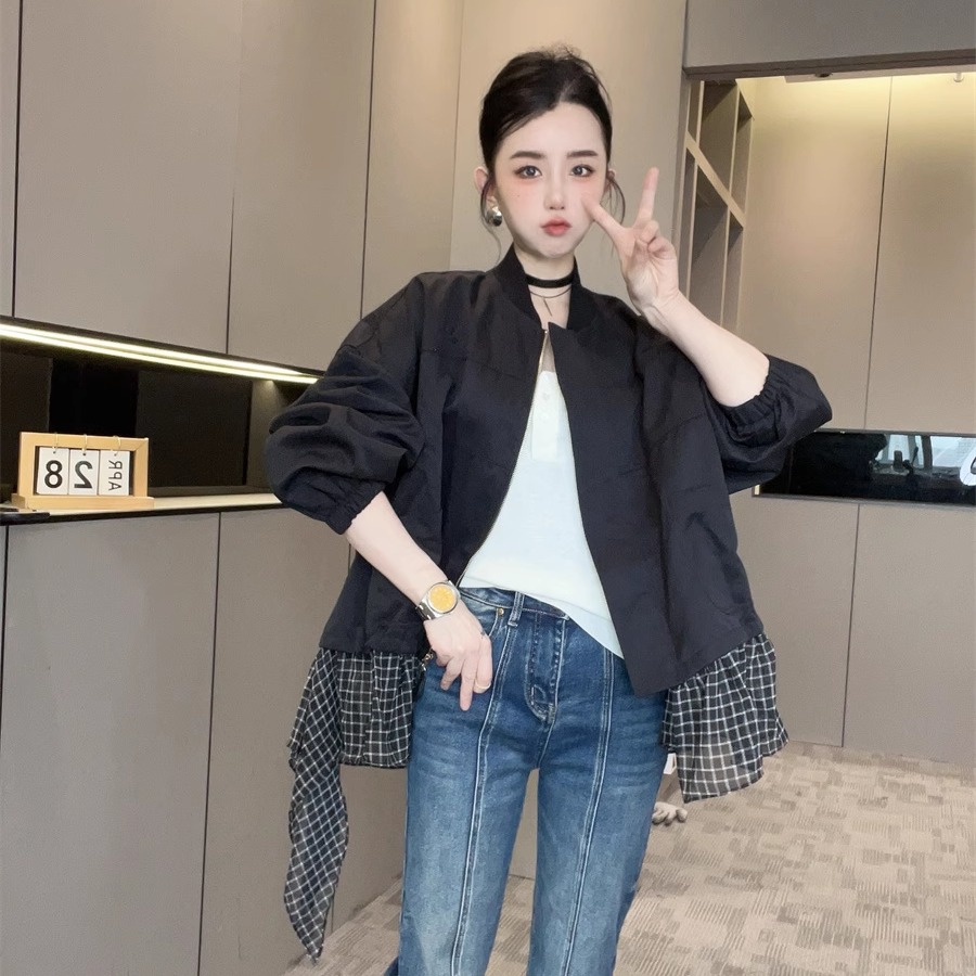 2025新款格子网纱拼接大口袋外套