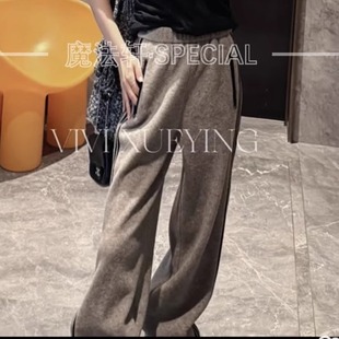 侧条纹休闲裤女2025新款冬高腰口袋显瘦阔腿裤运动风长裤子欧货Q